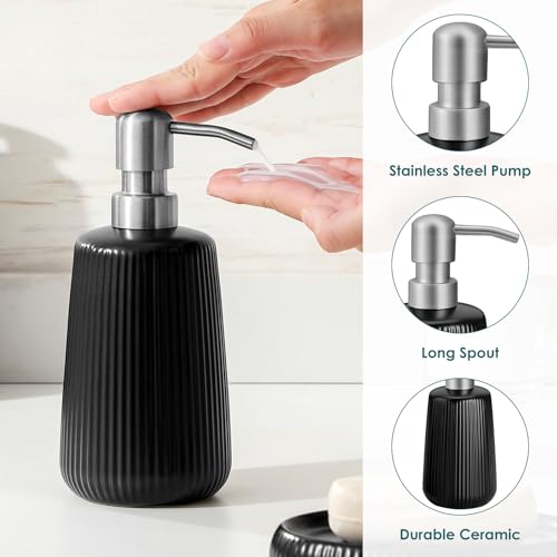 vancasso Ceramic Bathroom Accessories Set 4 Piece, Soap Dispenser with Stainless Steel Pump, Toothbrush Holder, Tumbler and Soap Dish, Modern Relief Design, Bathroom Decor Organizer, Black - style: Black