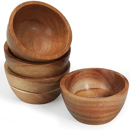 Acacia Wooden Bowls Set, Small Pinch Bowls for Sauces/Dips/Condiments, Mini Serving Bowls for Snacks/Appetizers/Side Dishes/Charcuterie Board, 3 oz Wooden Ramekins, Handmade Reusable, 4 pcs - size: D 3.15'' x H 1.57''