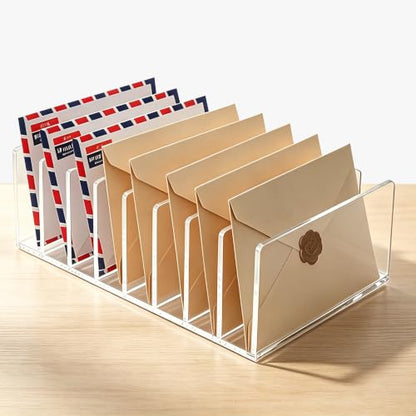 8 Compartments Clear Acrylic Mail Holder – Vertical Letter Sorter & Multifunction Desk Organizer for Bills, Documents, Notebooks – Modern Office/Home Envelope File Rack - size: 8 Compartments