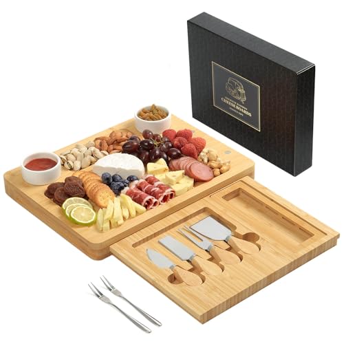 Bamboo Charcuterie Board Set with 4 Cheese Knives, Serving Platter | 1 Drawers, 4 stainless steel cheese knives, serving platter. Perfect for parties, weddings, entertaining, housewarming gift. - size: 18" x 13" x 1.3"