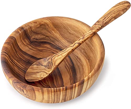 Wooden Bowl and Spoon Set - Natural Wood Hand Carved Bowl for Salad, Cereal, Oatmeal - Handmade Wooden Snack Bowls & Servers - Decorative Serving Dishes for Party - Wooden Fruit Bowl