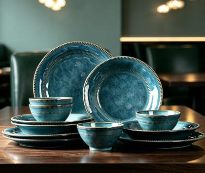 4-piece set, ceramic, natural active glaze plate and bowl set, microwave and dishwasher compatible tableware set, shatterproof and scratch resistant dinner set, irregular edge design, sky blue - color: style - 2