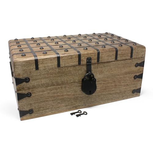 Treasure Chest Wooden Box with Antique Iron Lock and Skeleton Key (XX-Large 20x11.75x9) - Storage and Decor – Pirate Wooden Treasure Chest, Decorative Box with Hinged Lid, - size: XX-Large 20 x 11.75 x 9"