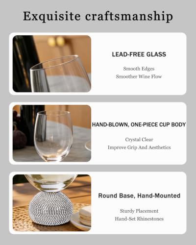 Stemless Fancy Wine Glasses Set of 4,Luxury Crystal Wine Glasses Hand Blown | 15 oz With Rhinestones Unbreakable,Perfect for Red or White Unique Wine Gifts for Women,Party,Birthday - color: Silver Red wine glass