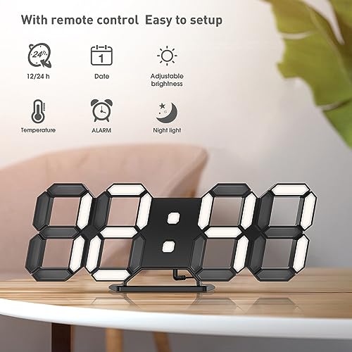 EDUP HOME® 3D LED Desk & Wall Clock with Remote Control, 9.7 Inch, Black | Digital Alarm Clock with Snooze, Temperature Display, Night Light and Auto/Manual Brightness Adjustment - color: Black Led Wall Clock 9.7"