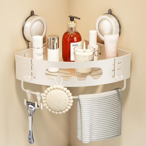 Voldra Corner Shower Caddy Suction Cup, Aluminum Corner Shower Shelves for Wall No Drilling, Large Suction Cup Shower Organizer with Towel Bar & Hooks Removable Bathroom Storage (1 Pack-Cream White) - color: Cream White-Corners, size: 1 Pack