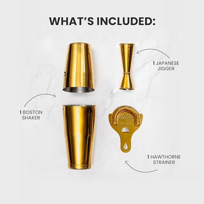 A Bar Above 4-Piece Cocktail Shaker Set, for Professional and Home Bar, Premium Bar Kit Gifts, Includes Strainer, Jigger, Shaker Set, and 4-Hour Cocktail Course - color: Stainless Steel, size: 4-Piece Bar Set & Online Masterclass