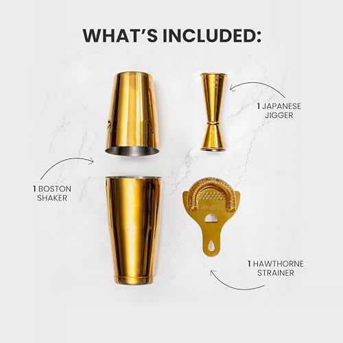 A Bar Above 4 Piece Cocktail Shaker Set, Professional Bartender Kit, Gold | Includes Strainer and Jigger, Stainless Steel Barware, For Craft Mixed Drinks, Home Bar Essentials, Party Ready Kit, Top Find - color: Gold, size: 4-Piece Bar Set