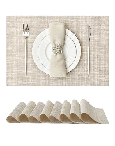 Leetaltree Woven Vinyl Placemats Set of 8,Beige and Gold | High Density，Stain Resistant, Easy to Clean, Washable Table Mats for Indoor Dining and Outdoor Patio - color: Z0- Beige and Gold, size: Set of 8