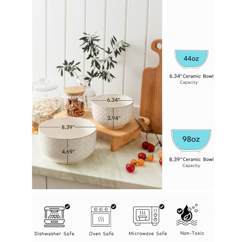 Mikiegy Ceramic Mixing Bowls Set of 2, Nesting Ceramic Embossment Stoneware Mixing Bowls for Cooking, Serving, Popcorn, Salad etc, Microwave & Dishwasher Safe, 44/98 oz, Off-White - size: 44&98 oz