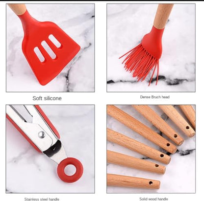 11 Piece Silicone Kitchen Utensil Set with Holder Heat Resistant Non Stick Cooking Tools with Wooden Handles Spatula Spoon Pasta Server Tongs Whisk Brush Black (Red) - color: Red