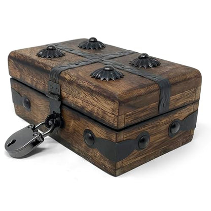 Treasure Chest Wooden Box with Antique Iron Lock and Skeleton Key (X-Small 5 x 3 x 2) - Storage and Decor – Pirate Wooden Treasure Chest, Decorative Box with Hinged Lid, - size: X-Small 5 x 3 x 2"