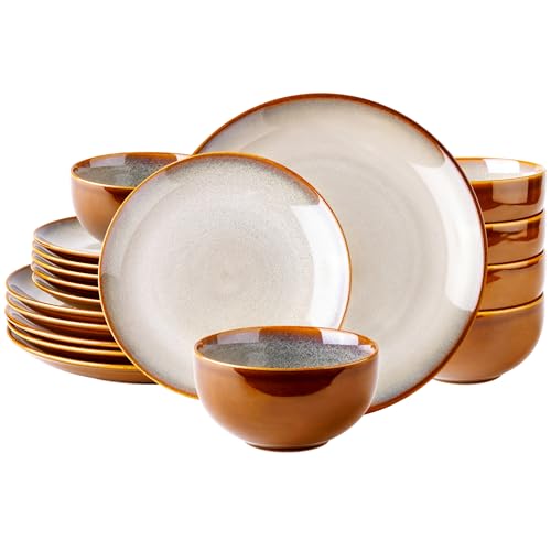 LERATIO Ceramic Dinnerware Sets for 6,18Pcs Stoneware Plates and Bowls Set | Handmade Reactive Glaze Ceramic Dishes Set,Oven & Microwave,Dishwasher Safe,Scratch Resistant-Khkai - color: Dreamy Moonlight-Kahki, size: Service for 6-18pcs