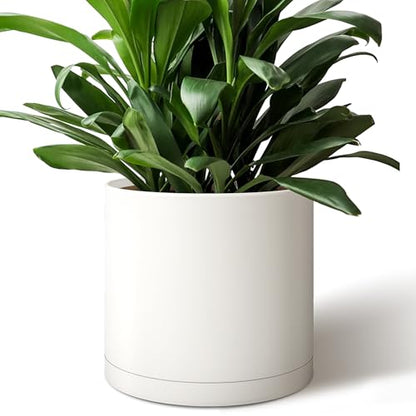 Giraffe Creation 12 Inch Cylinder Plant Pot, Modern Round Planter with Drainage Holes and Saucer, Durable Plastic Flower Pot for Indoor Outdoor Plants, White - color: White 12 Inch