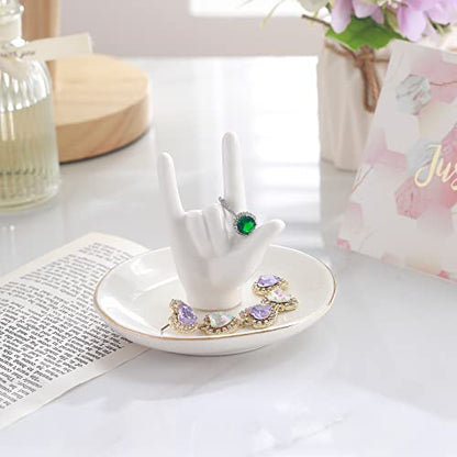 PUDDING CABIN Ring Holder - I Love You Hand, Ceramic Jewelry Dish, Valentine's Day, Wedding, Birthday, Mothers Day Gifts for Women - style: I love you Hand