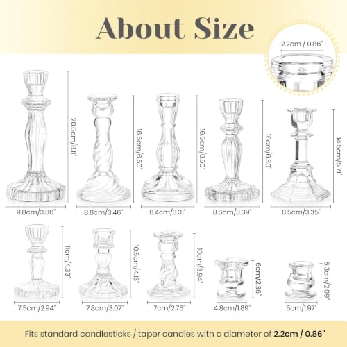Hewory Crystal Taper Candle Holders: 10PCS Clear Glass Candlestick Holders | For 0.86" Taper Candles, Candle Sticks Holder Decor for Wedding Table Centerpiece Bridal Baby Showers Christmas Decorations