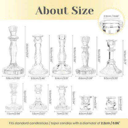 Hewory Crystal Taper Candle Holders: 10PCS Clear Glass Candlestick Holders | For 0.86" Taper Candles, Candle Sticks Holder Decor for Wedding Table Centerpiece Bridal Baby Showers Christmas Decorations