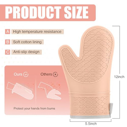 Silicone Oven Mitts, Heat Resistant 2PCS Oven Mitts with Soft Cotton Lining, Waterproof Non-Slip Grip Oven Glove, Kitchen Potholder Mits for BBQ, Baking, Cooking, 12.5 Inch - Pink - color: Pink
