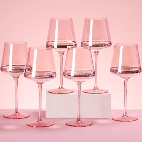 Physkoa Pink Wine Glasses Set of 6-14oz Hand Blown Crystal Colored Wine Glasses with Long Stem, Pink Wine Glass for Wine Lovers, Wedding, Birthday Valentine's Day Gifts for Women - color: Pink