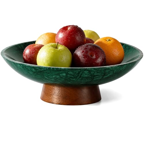 Marble Decorative Bowl, 11” Large Centerpiece for Table, Fruit Bowl for Kitchen Counter, Coffee Table or Entryway Decor, Natural Marble with Wood Base, Unique Home Gift - Green - color: Green