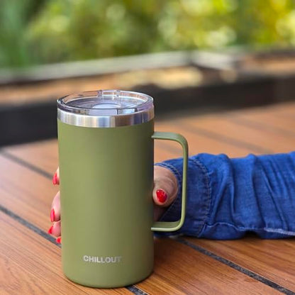CHILLOUT LIFE Stainless Steel 20 oz Vacuum Insulated Coffee Mug with Handle and Lid, Large Thermal Camping Coffee Mug Cup with Durable Sliding Lid for Men & Women, Keeps your Beverages Hot/Cold - color: Army Green, size: 20 Ounces