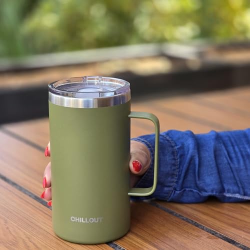CHILLOUT LIFE Stainless Steel Vacuum Insulated Coffee Mug 20 oz (Set of 2) with Handle and Lid, Large Thermal Camping Coffee Mugs with Sliding Lid for Men & Women, Keeps Your Beverages Hot & Cold - color: Army Green, size: 20 Ounces - 2 Pack