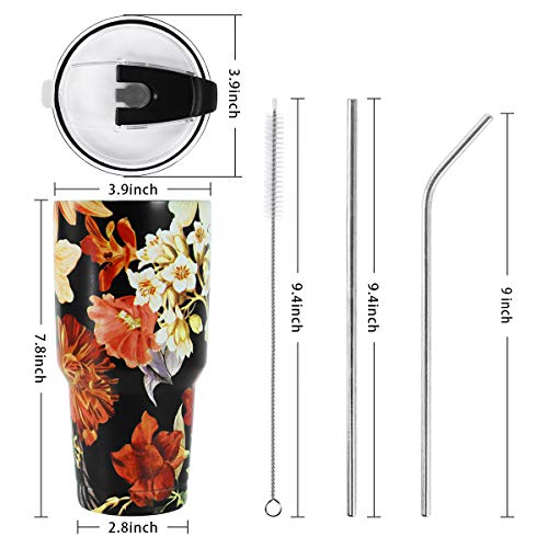 SYACOT 30oz Tumbler Double Wall Stainless Steel Vacuum Insulated Travel Mug with Splash-Proof Lid Metal Straw and Brush - color: Jasmine black-30oz