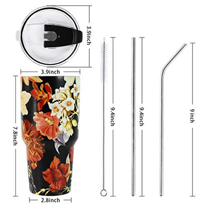 SYACOT 30oz Tumbler Double Wall Stainless Steel Vacuum Insulated Travel Mug with Splash-Proof Lid Metal Straw and Brush - color: Jasmine black-30oz