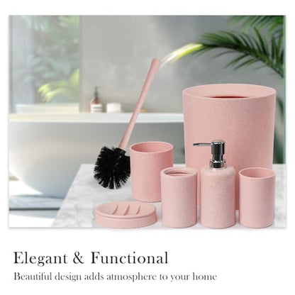 CERBIOR Bathroom Accessories Set 6 Piece Wheat Straw Bath Ensemble,Pink | Includes Soap Dispenser,Tooth Brush Holder,Toothbrush Cup, Soap Dish for Decorative Countertop and Housewarming Gift - style: Pink