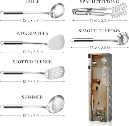 Pleafind Stainless Steel Cooking Utensils Set, 6 Pcs Heat Resistant Kitchen Utensils Set, Nonstick Kitchen Tools for Cooking, Baking, Metal Spatula Set for Chef, Dishwasher Safe - color: 6P-Silver
