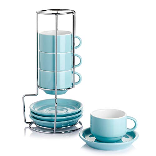 Sweese 4 Ounce Porcelain Stackable Espresso Cups with Saucers and Metal Stand Set of 4, Turquoise - color: Turquoise, size: 4 Ounces