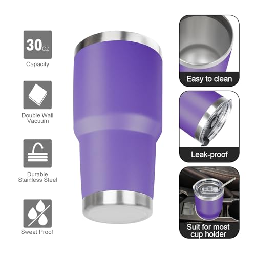 30 oz Tumbler with Lids and Straws Double Wall Vacuum Insulated Tumbler Cup,Stainless Steel Leak-proof Thermal Tumbler Powder Coated Travel Coffee Mug for Cold and Hot Drinks,Purple - color: Purple, size: 30 Ounces