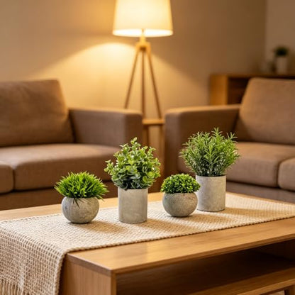 Small Artificial Plants in Pots, Faux Plants Indoor Small with Cement Pots for Desk, Shelf & Office Decor, Fake Plants Indoor Decorative Set of 4