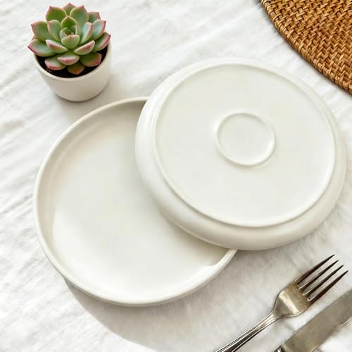 Salad Plates Set of 4, White Salad Plates, 10 Inch Round Appetizer Plates, Thick Edge Ceramic Dessert Plate for Appetizer, Dessert, Salad, Dinner - size: Round