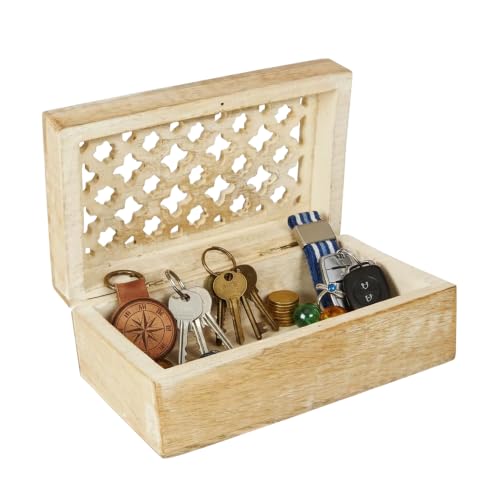 Trellis Mango Wood Storage Box - Whitewash, 7.5x4.5 in | Hand-carved wooden jewelry box designed for keeping family keepsakes, daily accessories and premium home decor accents. - color: Whitewash, size: Medium