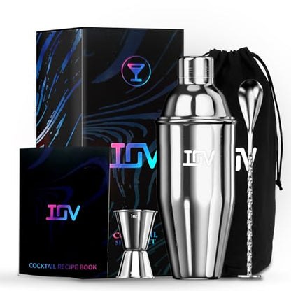 IOV Cocktail Shaker Bar Set, 24oz Martini Shaker with Built-in Strainer, Bar Tool Kit with Recipes Booklet, Professional Stainless Steel Large Bartender Drink Shaker Margarita Alcohol Mixer- Silver - color: 3 Pcs - Silver