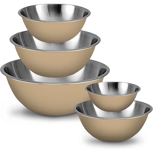 Stainless Steel Mixing Bowls Set, 5-Piece Meal Prep & Food Storage | .75, 1.5, 3, 4 & 5 Quart Metal Mixing Bowls Set for Prep, Serving, Baking & Food Storage, Ecofriendly, Dishwasher Safe, Khaki - color: Khaki