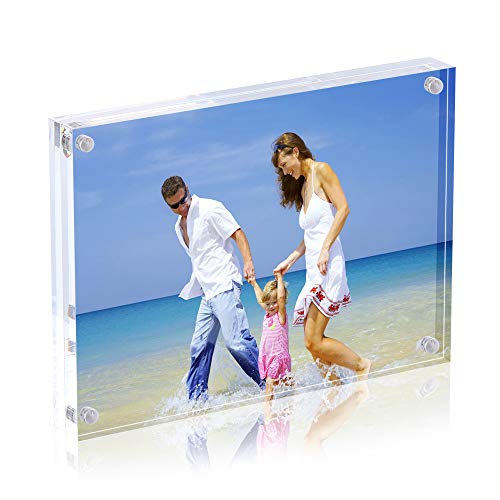 AMEITECH Acrylic Photo Frame 5x7 inches, Free Standing Desktop Double Sided Magnetic Picture Display, 10 + 10MM Thickness Clear Magnet Photo Frame with Microfiber Cloth, Gift Box Package | Double Sided Floating Magnetic Frames, 20mm Thick, Free Standing D