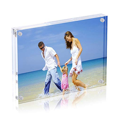 AMEITECH Acrylic Photo Frame 5x7 inches, Free Standing Desktop Double Sided Magnetic Picture Display, 10 + 10MM Thickness Clear Magnet Photo Frame with Microfiber Cloth, Gift Box Package | Double Sided Floating Magnetic Frames, 20mm Thick, Free Standing D