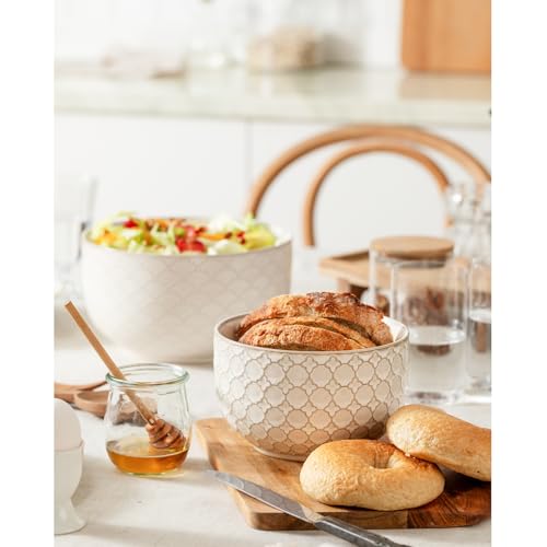 Mikiegy Ceramic Mixing Bowls Set of 2, Nesting Ceramic Embossment Stoneware Mixing Bowls for Cooking, Serving, Popcorn, Salad etc, Microwave & Dishwasher Safe, 44/98 oz, Off-White - size: 44&98 oz