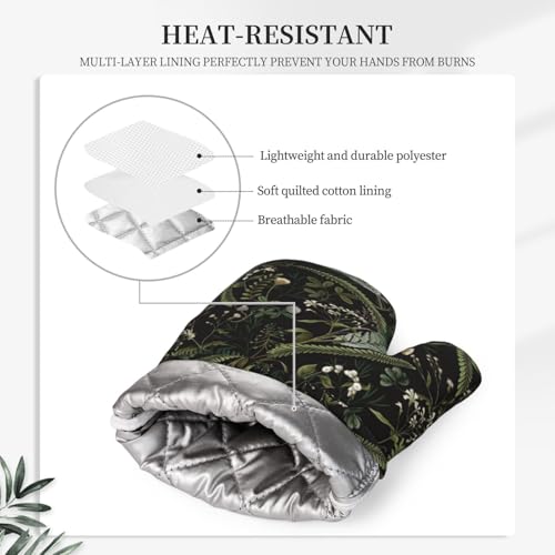 Mushrooms Oven Mitts and Pot Holders Sets Silicone Forest Plants Wild Berries Herbs Ferns Kitchen Oven Mitts Hot Pads Heat Resistant Potholders Kitchen Mitts Set for Baking BBQ Cooking - color: Black Green