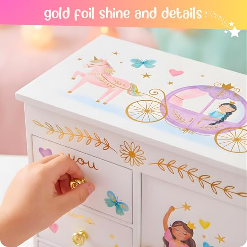 Giggle & Honey® Princess Musical Jewelry Box for Girls | Kids Music Box with Drawers, Fairytale Gifts for Girls Birthday, Princess Jewelry Boxes for Ages 3-10 - style: Perfect Princess