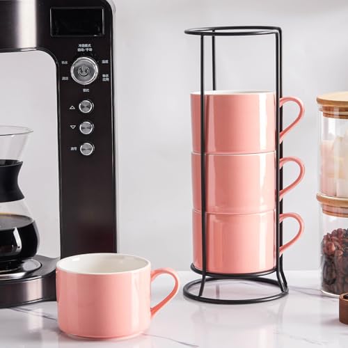 10oz Porcelain Stackable Coffee Mugs and Metal Stand Set of 4, Espresso Cups Set for Hot Drinks, Cappuccino, Tea-Pink - color: Pink