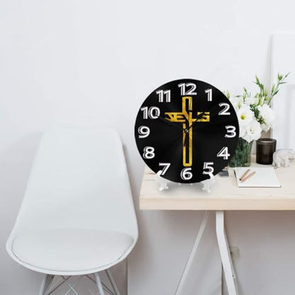 Silent Non-Ticking 10-Inch Wall Clock Christian Jesus Cross Flat Round Decorative Quartz Clock for Living Room,Bedroom,Kitchen - style: Jesus