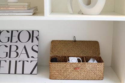 Seagrass Woven Storage Basket with Lid, Rectangular Narrow Tampon Toilet Tank Organizer - color: 3 Section with Lid