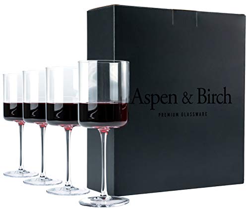 Aspen & Birch - Modern Wine Glasses Set of 4 - Red or White Wine Glasses, Premium Crystal Stemware, Long Stem, 15 oz, Hand Blown Artisan Glass