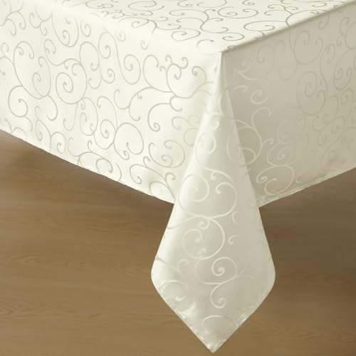 Romanstile Jacquard Rectangle Tablecloth, Waterproof Elegant Damask Curly Floral Pattern Table Cloth, Washable Decorative Polyester Table Cover for Kitchen/Dining/Parties - Ivory/Cream, 60 x 84 Inch - color: Ivory, size: 60" x 84" (Rectangular)