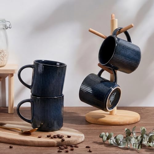 E-far Coffee Mugs Set of 4, 12 oz Stoneware Coffee Cups with Handle for Latte, Tea, Cocoa, Milk, Modern Ribbed Ceramic Mugs for Man Woman, Microwave & Dishwasher Safe, Midnight Blue - color: Midnight Blue