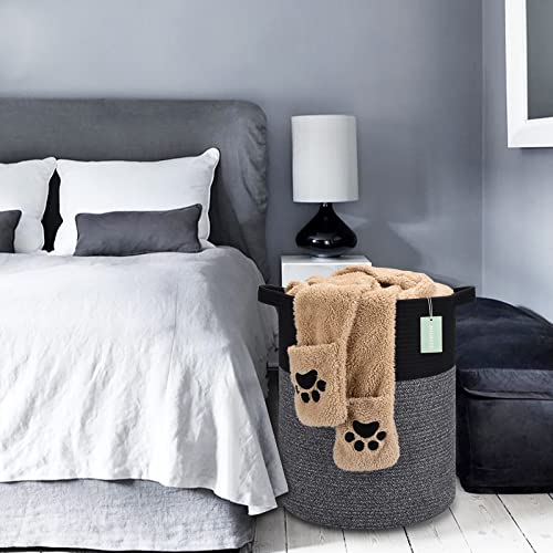 Cotton Rope Blanket Basket, 72L Tall Laundry Hamper, Black & Gray | 16"x 22", Large Collapsible Woven Nursery Hamper with Sturdy Handles for Clothes Toys Towels, Bedroom Living Room Bathroom - color: Black & Gray, size: 72L (16"x22")
