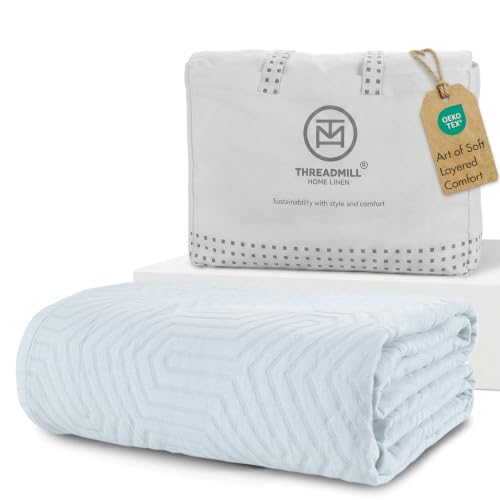 Threadmill Luxury Cotton Blankets for Queen Size Bed | All-Season 100% Cotton Queen Size Blanket | Aster Jacquard Cozy Lightweight, Soft Breathable Coverlet fits Full Size Bed, 90x92 | Light Blue - color: Aster Light Blue, size: Queen / Full